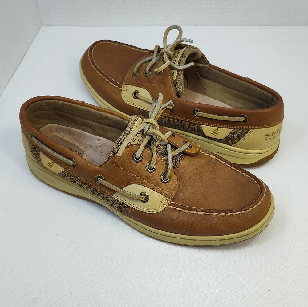 Sperry Tan Leather Mesh Top Sider Boat Shoes Unisex Size Women's 9.5 Men's 8